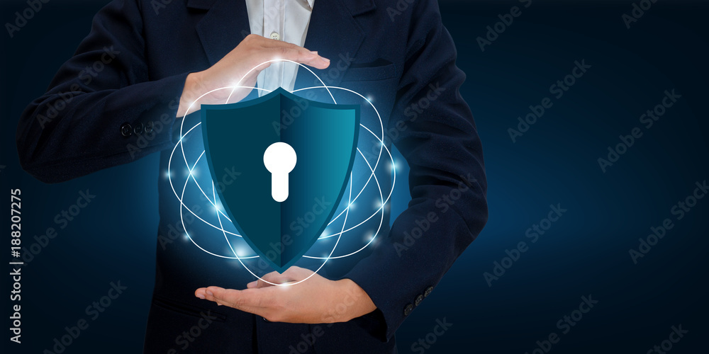 Poster businessmen shake hands to protect information in cyberspace. businessman holding shield protect ico