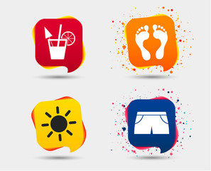Beach holidays icons. Cocktail, human footprints and swimming trunks signs. Summer sun symbol. Speech bubbles or chat symbols. Colored elements. Vector