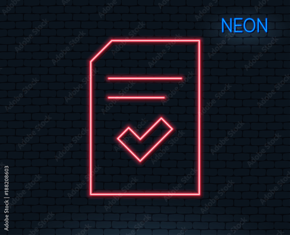 Poster neon light. checked document line icon. information file with check sign. correct paper page concept