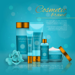 Vector 3D cosmetic illustration with rose and bokeh background. Beauty realistic cosmetic product design template.