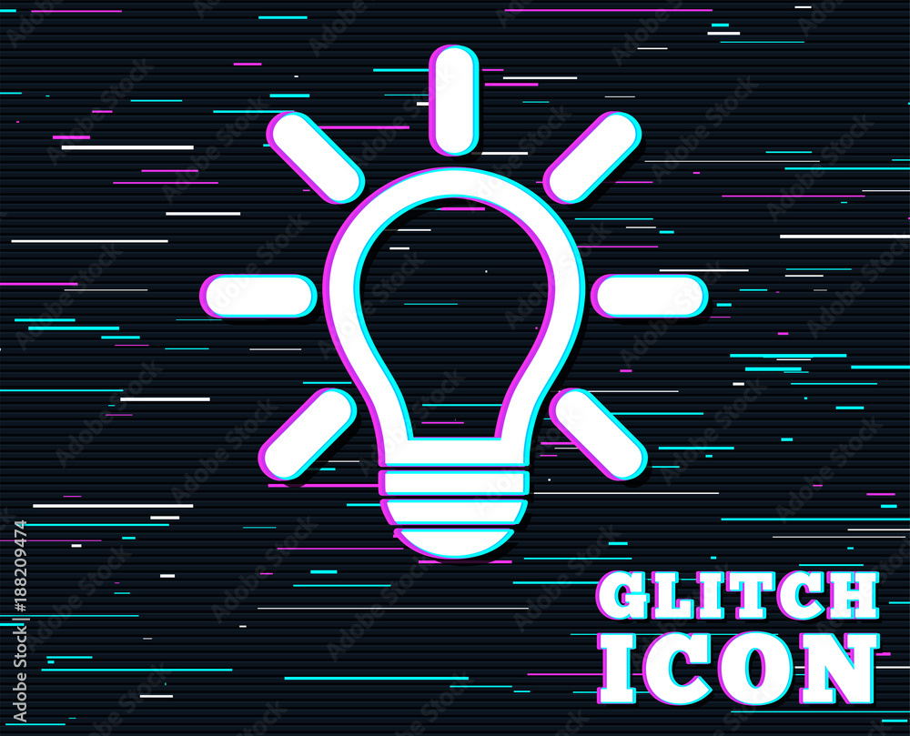 Aufkleber glitch effect. light lamp sign icon. idea symbol. light is on. background with colored lines. vector