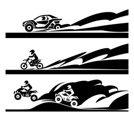 Off-road racing car and  motorcycle. Modern extreme adrenaline sports. Concept of different racing  sports. 