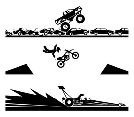 Exhibiting adrenaline sports. 
Bell Adrenaline Ranch, Drag Racing, Monster truck. Concept of modern extreme adrenaline sports. Vector illustration of motor show.