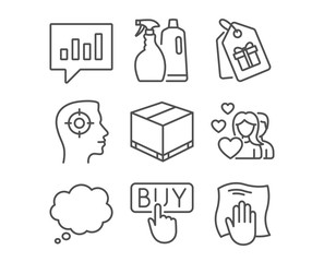 Set of Delivery box, Couple and Comic message icons. Recruitment, Analytical chat and Buying signs. Shampoo and spray, Coupons and Washing cloth symbols. Cargo package, Valentines day, Speech bubble