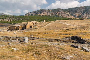 Sunny view of ruins of ancient Hierapolis near Pamukkale, Denizli province, Turkey.