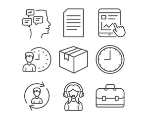 Set of Human resources, Document and Support icons. Messages, Time and Internet report signs. Parcel, Working hours and Portfolio symbols. Update profile, Information file, Call center. Vector