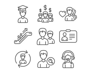 Set of Id card, Human resources and Search people icons. Salary employees, Student and Escalator signs. Man love, Couple and Support symbols. Human document, Update profile, Find profile. Vector
