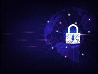 Cyber Security Concept : Closed padlock protect world global network on binary code background.