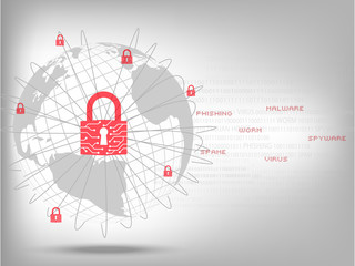 Obraz premium Cyber Security Concept: Zamknięta kłódka chroni światową sieć globalną na białym tle kodu binarnego.