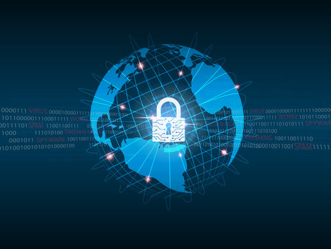 Cyber Security Concept : Closed padlock protect world global network on binary code background.