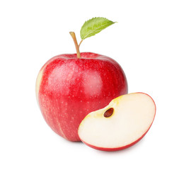 Ripe red apple with leaf and slice isolated on a white background