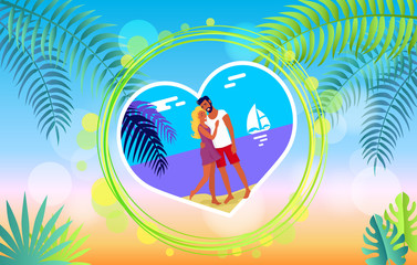 Obraz na płótnie Canvas Lovely Hugging Couple on Summer Beach Romance Banner