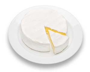 Round brie or camambert cheese on the plate white background