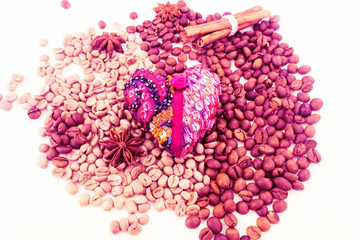 Valentin . Heart, coffee beans, embroidery.