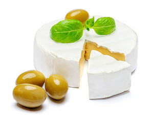 Round brie or camambert cheese on a white background