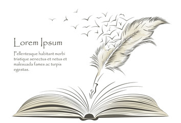 writing feather paint with flying birds and book
