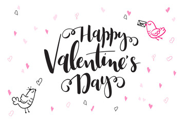 vector hand lettering valentine's day greetings text - happy valentine's day - with heart shapes and birds
