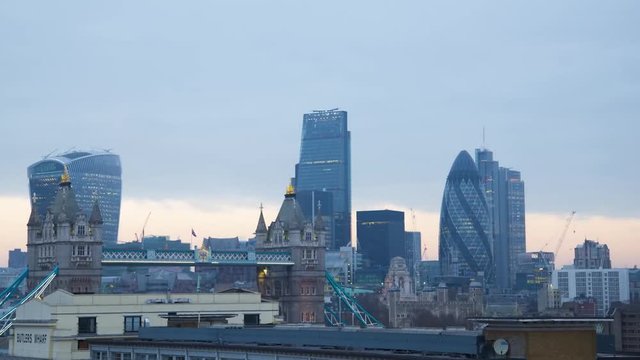 Wonderful steady time lapse panorama modern architecture cloudy cityscape view on London downtown Tower Bridge
