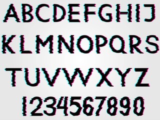 Glitch font with distortion and vhs effect. letters and numbers isolated.Trendy distorted vector typographic