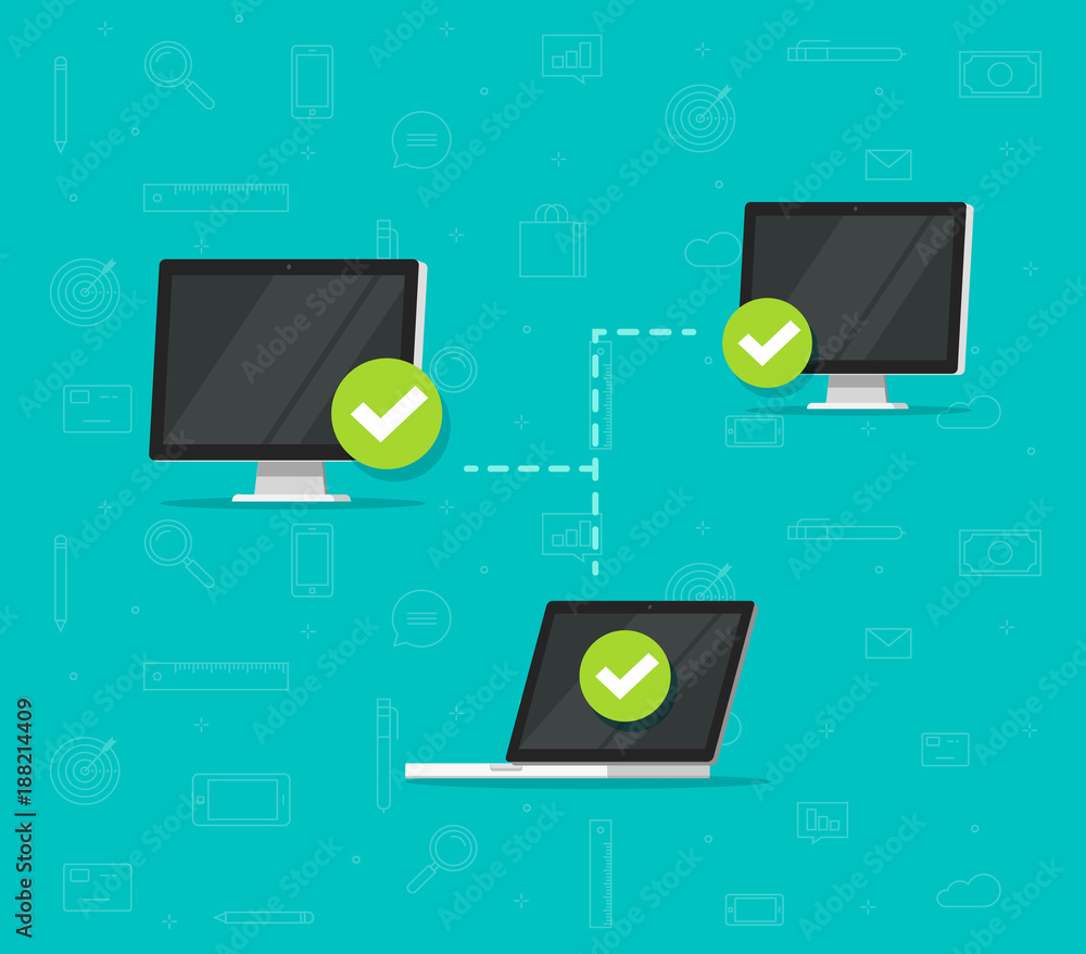 Poster network connection between computers vector illustration, flat cartoon desktop computer pc and lapto