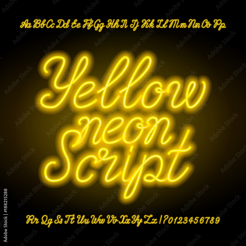 Fototapete yellow neon script alphabet font. handwriting neon uppercase and lowercase letters and numbers. hand