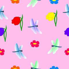 Seamless pattern dragonflies and flowers.