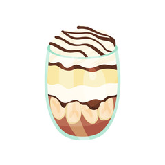 Dessert with banana and caramel, banoffee pie in glass cup cartoon vector Illustration