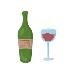 Bottle of red wine and glass cartoon vector Illustration