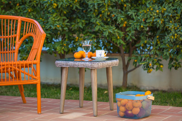 Natural fruits and cup of coffee for a beautiful morning whit the family in the garden