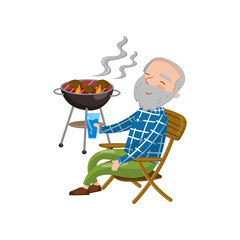 Happy smiling grandpa grilling barbecue while sitting on the chair and drinking, cartoon vector Illustration