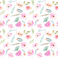 Watercolor field carnations, roses and small field green branches seamless pattern, hand drawn isolated on a white background