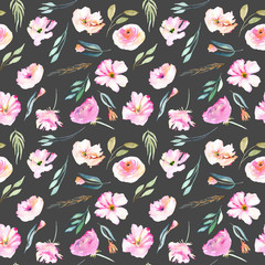 Watercolor field carnations, roses and small field green branches seamless pattern, hand drawn isolated on a dark background