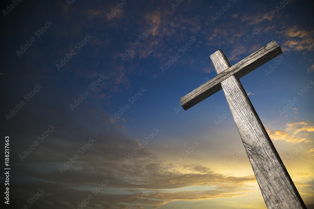 Sticker wooden cross illuminated from the sky