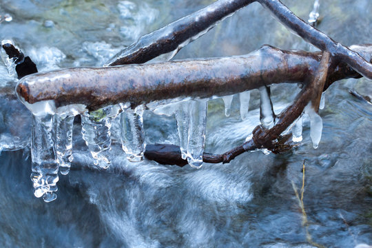 Big icicles at a river in winter