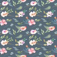 Watercolor field carnations and green branches seamless pattern, hand drawn on a dark blue background