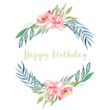 Watercolor pink field carnations, blue and green branches wreath, hand drawn on a white background, birthday card design