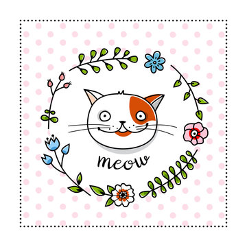 Cute cat portrait in a floral frame
