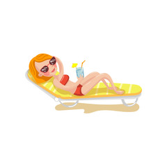 Happy smiling woman relaxing on a chaise longue and drinking cocktail cartoon vector Illustration