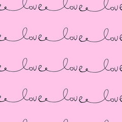 Fototapeta na wymiar Romantic Seamless Pattern with hand written words Love and ink hearts on pink. Happy Valentine s Day concept vector illustration trendy design. Backdrop for wrapping paper, invitations, greeting cards