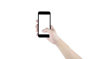 Right hand is holding black smartphone, isolated on white background. Clipping path embedded.