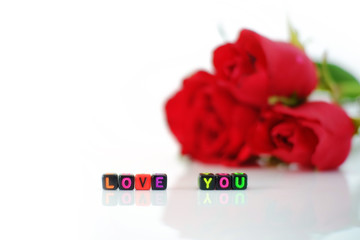 Alphabet letter plastic blocks tile Love You on blurred roses and white background.