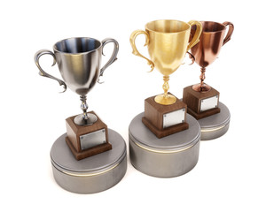 Three Cup winners on the podium isolated on white background. 3d rendering.