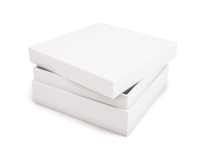 Slightly ajar blank white box on a white background for your design. Mockup opened box. 3d rendering.