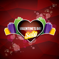 Valentines day heart shape sale label or sticker on abstract red background with blur lights. Vector sales poster or banner design template