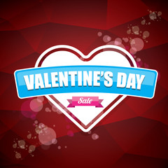 Valentines day heart shape sale label or sticker on abstract red background with blur lights. Vector sales poster or banner design template