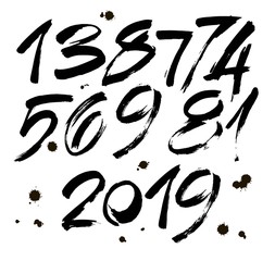 set of calligraphic acrylic or ink numbers. ABC for your design, brush lettering on a white background with blots