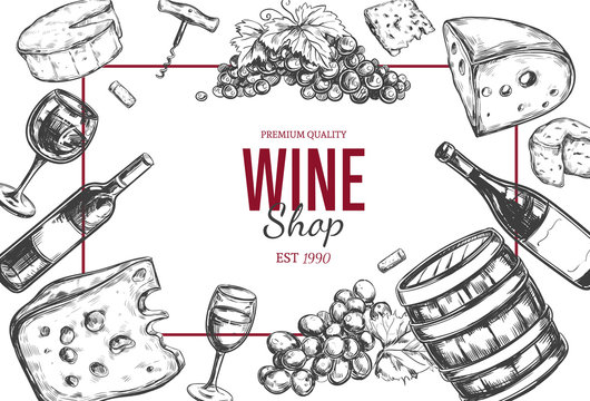 Wine shop frame. Vector hand drawn cover including wine glass, bottle, grape, vineyard landscape, cheese, barrel with wine. Sketch style