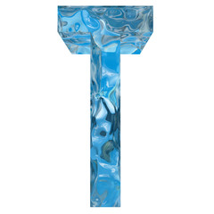 Conceptual blue light cold frosted water or ice winter season font isolated on white snow background. Cool crystal decorative character cut of frozen liquid, transpaernt 3D illustration concept