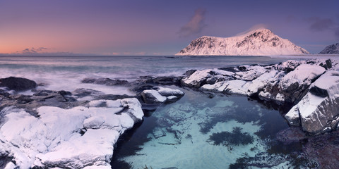 Alpenglow at Skagsanden beach on the Lofoten, Norway