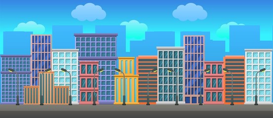 Urban landscape with industrial buildings with road and lamps. City concept.Creative panorama of a city or town